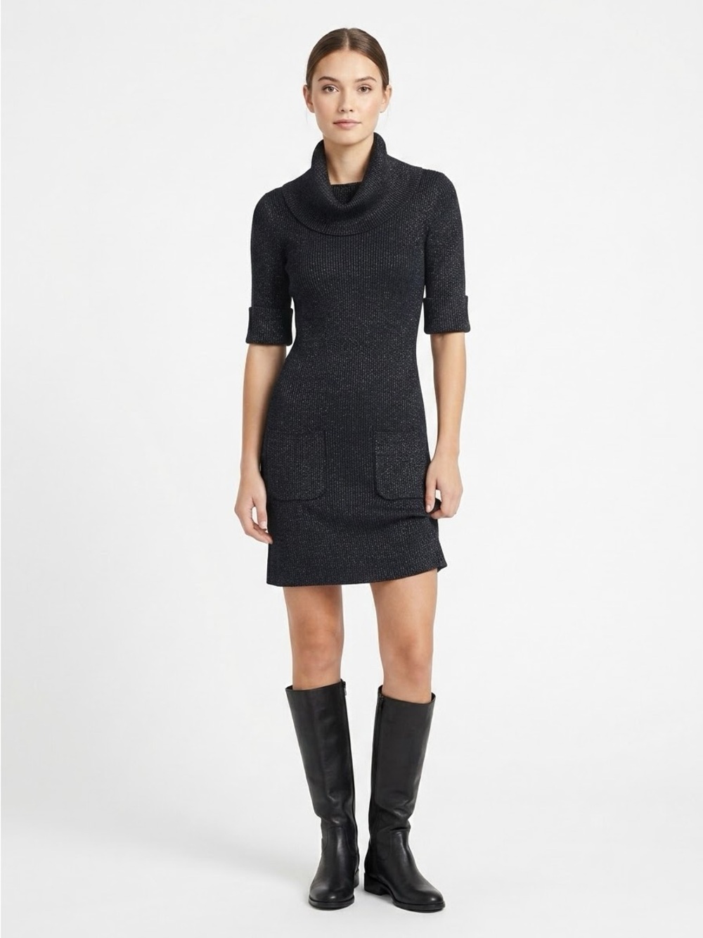 Philosophy Sweater Dress Womens Medium Cowl Neck Black Metallic Shimmer Sparkle